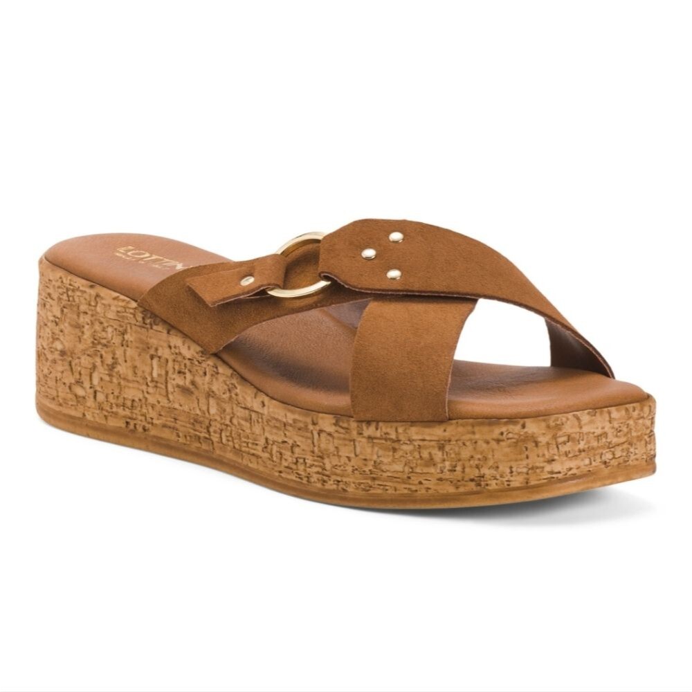 NEW LOTTINI Italian Suede Cross Wedge Sandals with Gold Buckle. Size 9.5/40